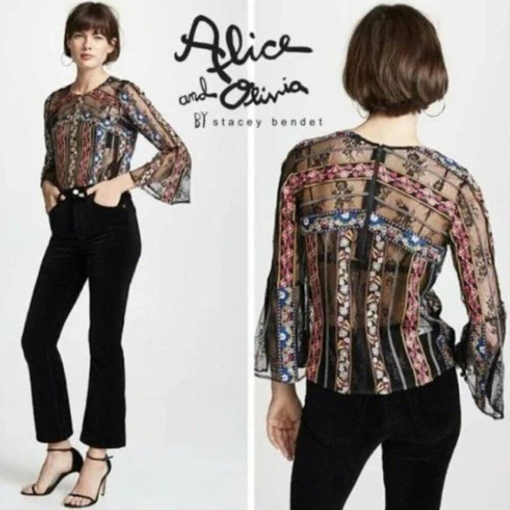 Alice and Olivia Larue Sheer Lace-Inset Top Small - Picture 3 of 10